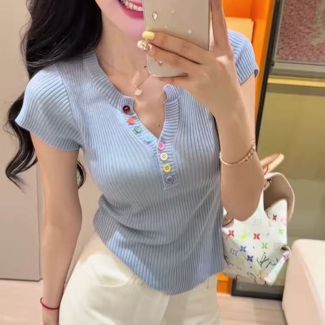 INEN-Short-Sleeve V-Neck Plain Ribbed Knit Top