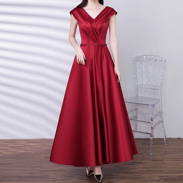 DreesHouse-Cap-Sleeve V-Neck Plain Beaded Satin Maxi A-Line Evening Dress
