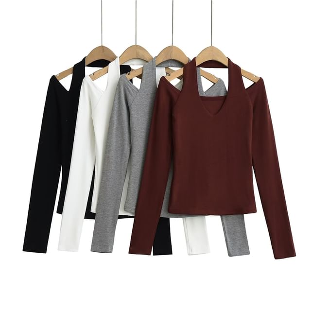 Ulark-Mock Two-Piece Long-Sleeve Plain Crop Top