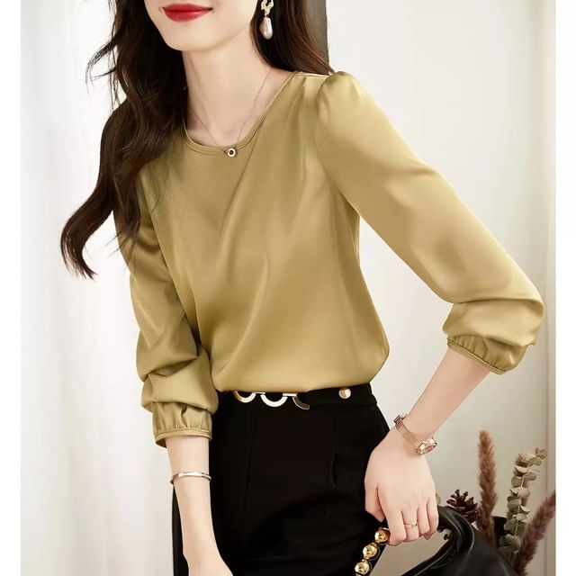 Jeonseon-Long-Sleeve Crew Neck Plain Blouse