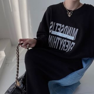 darkroesin Long-Sleeve Crew Neck Lettering Denim Panel Maxi Sweatshirt Dress Sale