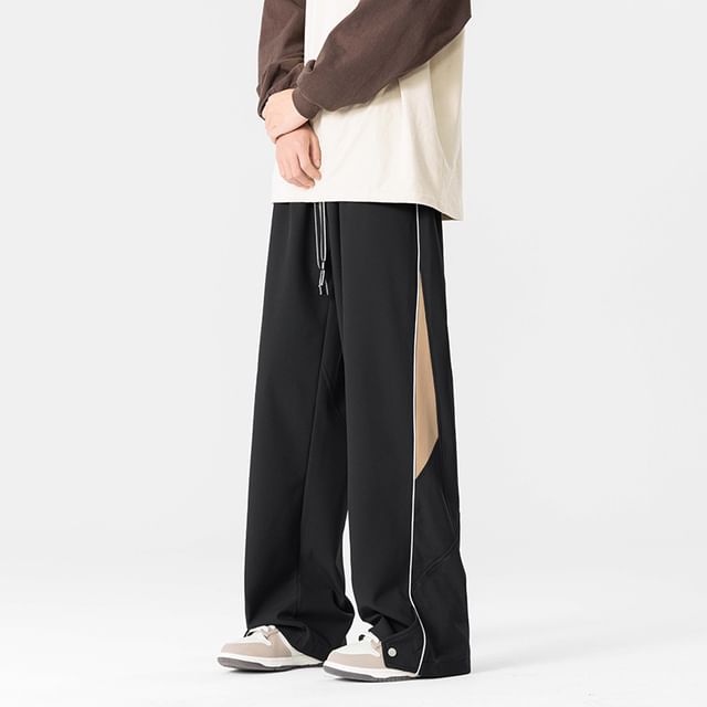 Stone Leo-Drawstring Waist Color Block Wide Leg Pants