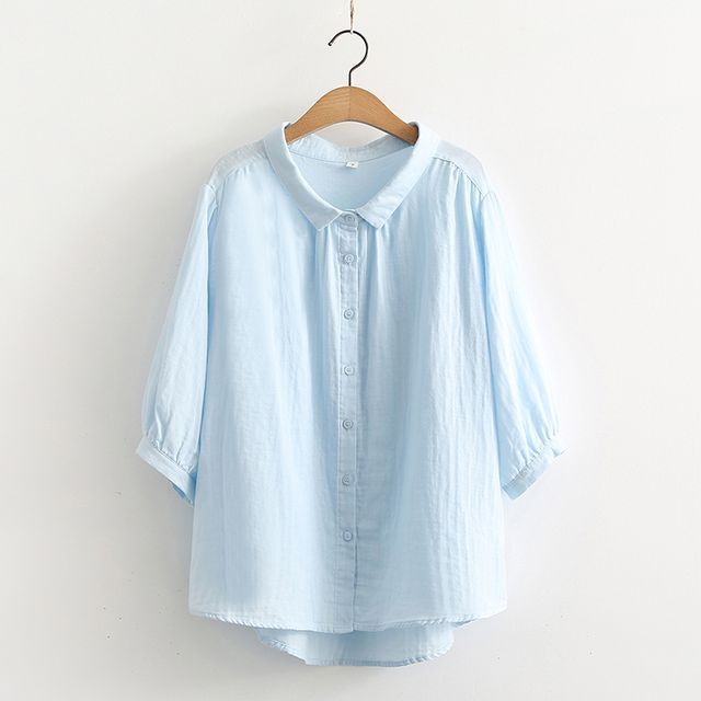 PANDAGO-Short-Sleeve Tie-Neck Plain Blouse