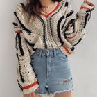 LIPHOP - V-Neck Contrast-Trim Distressed Sweater