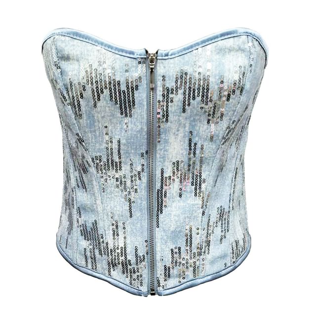 Doowex-Sequined Washed Denim Bustier Top