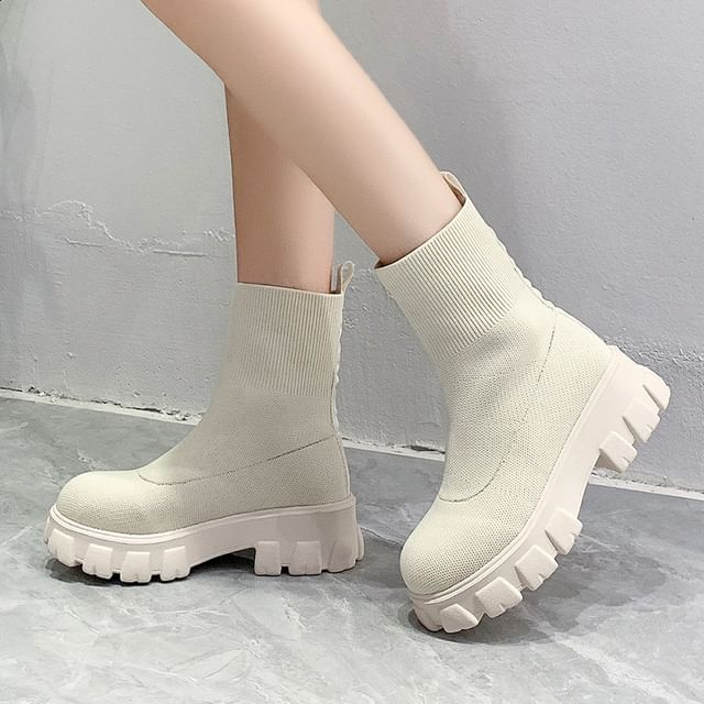 Asterisk-Platform Plain Knitted Sock Short Boots