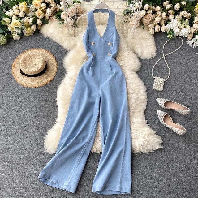Wide Leg Sleeveless Denim Jumpsuit Halter-Neck Sleeveless Denim