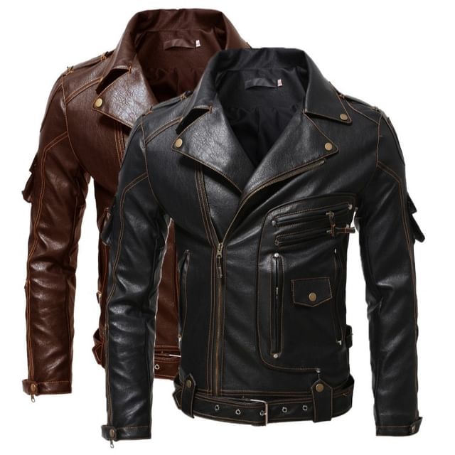 Fireon-Lapel Collar Faux Leather Biker Jacket