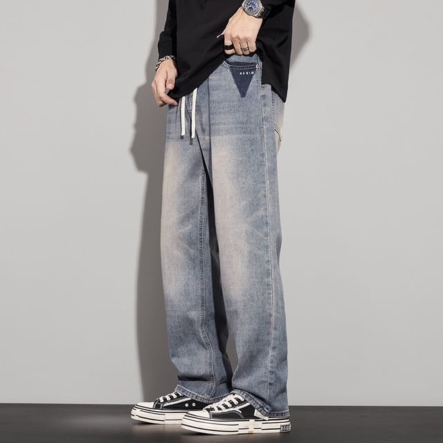 Denimic-Drawstring Waist Washed Straight Leg Jeans
