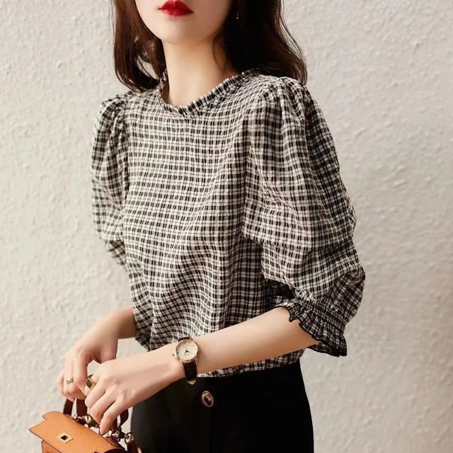 Everose-Elbow-Sleeve Crew Neck Plaid Blouse