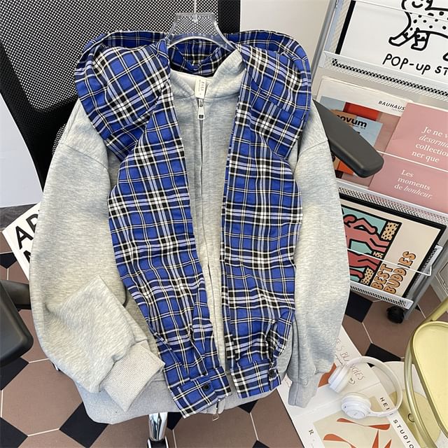 Plummie-Drop Shoulder Plaid Panel Zip Up Hoodie