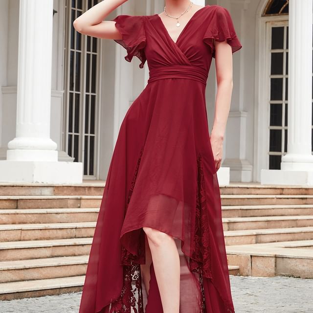 chinese dress ladies Miata Plus Size Red Lace Wrap Cocktail Dress – Pluspreorder main image 0