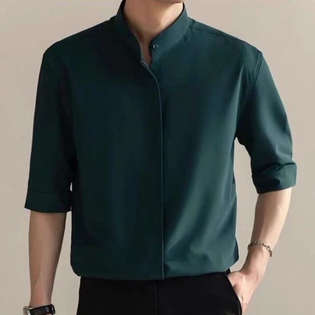GRAYCIOUS-Elbow-Sleeve Band Collar Plain Shirt