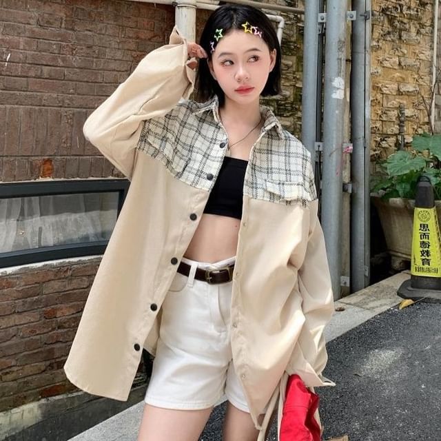 Iduna-Long-Sleeve Plaid Panel Shirt
