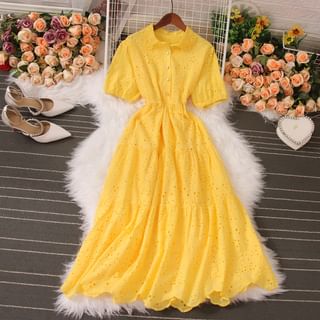 Yolandus Short-Sleeve Lace Collar Plain Eyelet Half-Button Maxi A-Line Shirt Dress Sale