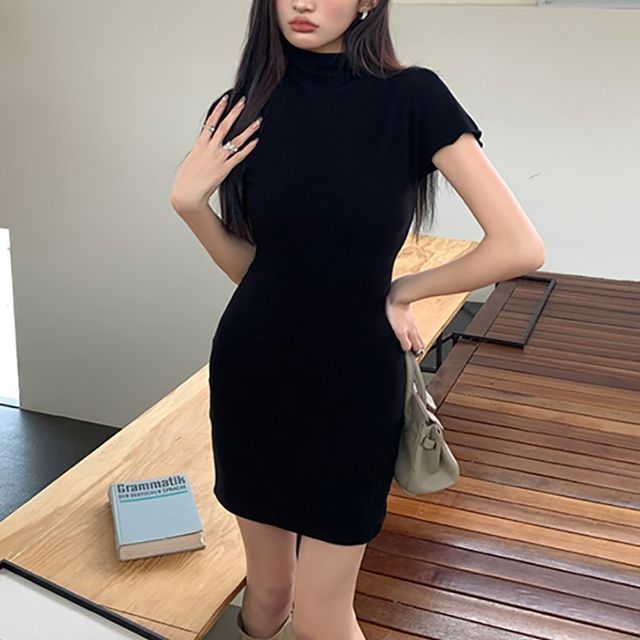 princess polly baby blue dress Hazie - Short-Sleeve Mock-Neck Plain Mini Bodycon Dress