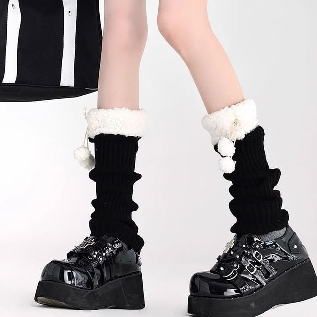 Whychunga-Two Tone Pom Pom Ribbed Knit Leg Warmers