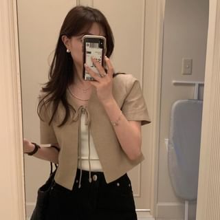 Bigfol-Short-Sleeve V-Neck Plain Tie Front Jacket