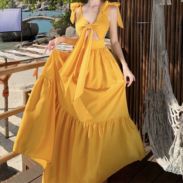 JIYON-Sleeveless Plain Cutout Maxi A-Line Sundress
