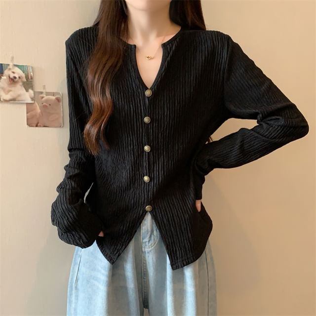 Okalpis-Long-Sleeve V-Neck Button-Up Top