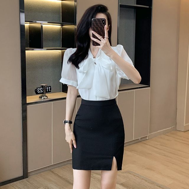 Black Skirt High Waist Pencil Skirt White Blouse High Waisted Mini