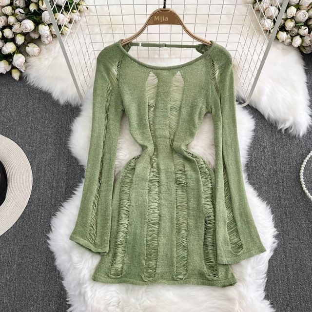 Yearnin - Long-Sleeve Open Back Knit Mini Bodycon Dress | YesStyle