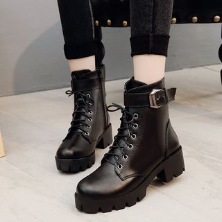 Weiya Chunky Heel Lace-Up Ankle Boots 