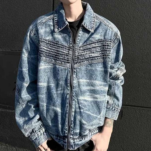 Fushet-Collared Washed Denim Zip Up Oversized Jacket