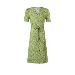 Indesi Short-Sleeve V-Neck Floral Print Midi A-Line Wrap Dress