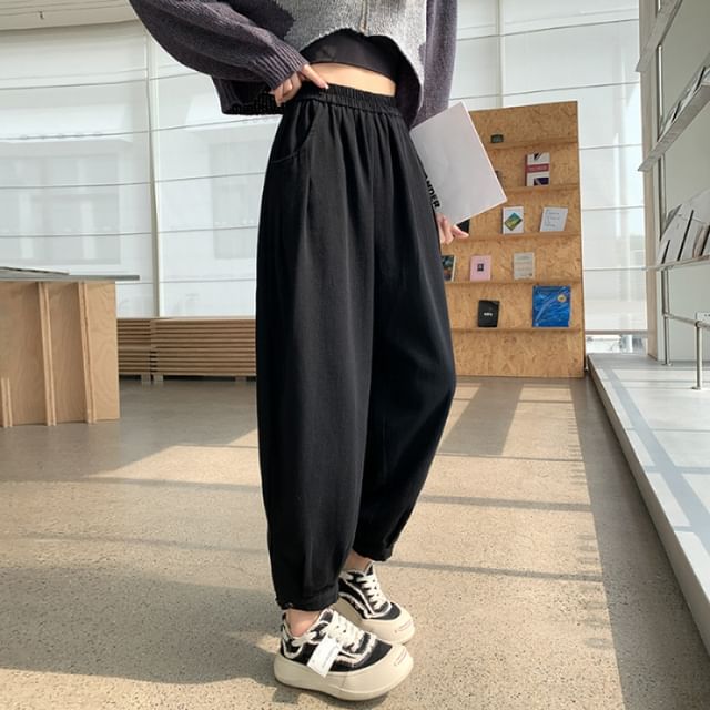 Leoom-High Waist Plain Cropped Baggy Pants