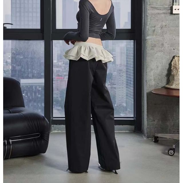 Everose High Waist Plain Ruffle Hem Wide Leg Pants YesStyle