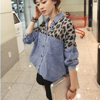 Everose-Leopard Print Panel Denim Shirt