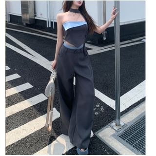 NENE Two Tone Asymmetrical Tube Top High Rise Wide Leg Pants