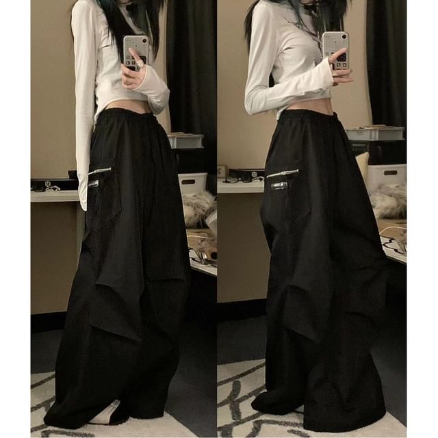 OUREA-Drawstring Waist Plain Wide Leg Pants
