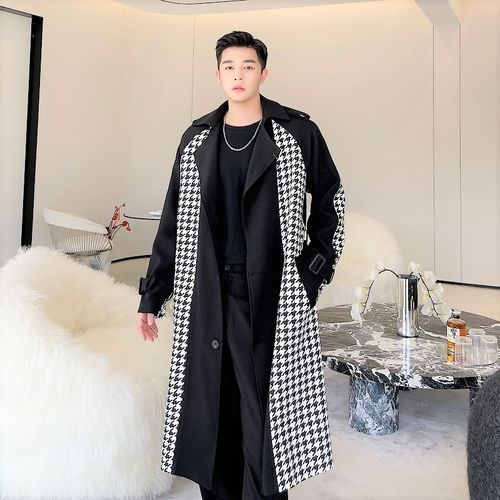 Patow - Houndstooth Panel Single-Breasted Trench Coat | YesStyle