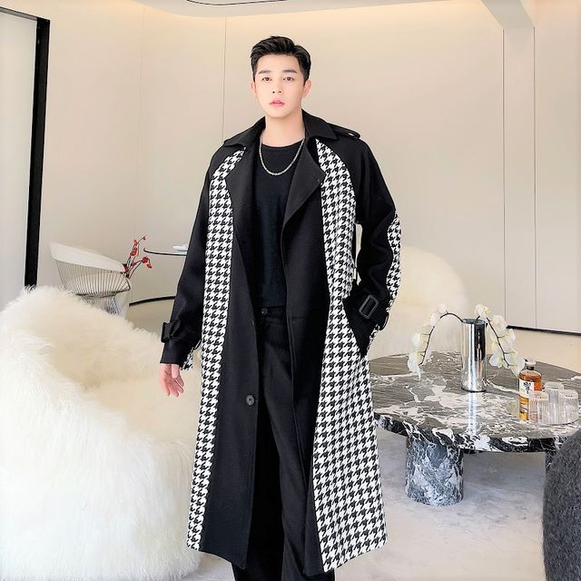 Patow-Houndstooth Panel Single-Breasted Trench Coat