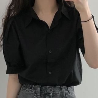 Muezz-Elbow-Sleeve Collared Button-Up Plain Blouse