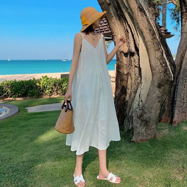 Everose-Spaghetti Strap V-Neck Plain Midi A-Line Sundress