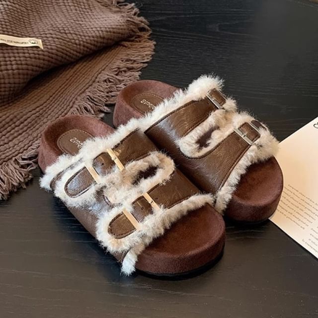 FRAISO-Platform Fluffy Trim Buckled Slide Sandals