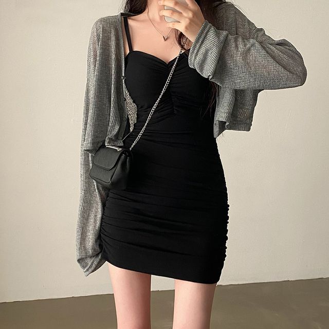 Bababy - Spaghetti Strap Mini Bodycon Dress / Cardigan | YesStyle