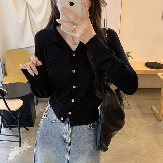 Asiris-Long Sleeve Collared Plain Button Up Cropped Cardigan