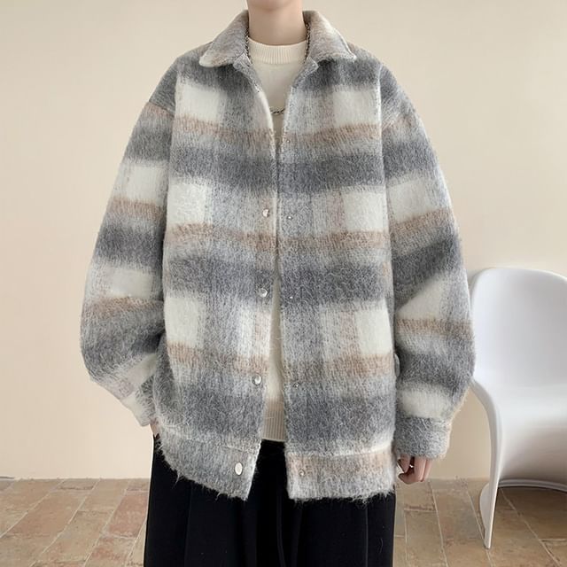 Orungeetun-Drop Shoulder Collared Plaid Button Coat