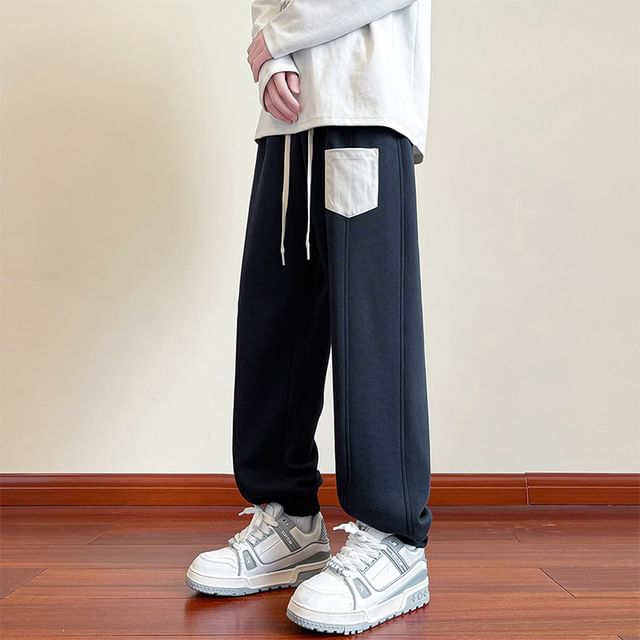 Stone Leo-Drawstring Waist Contrast Pocket Sweatpants