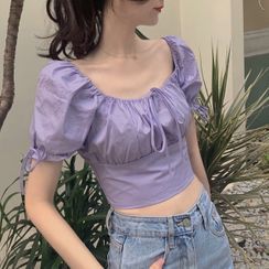 Einshine - Puff-Sleeve Drawstring Crop Top Einshine - Puff-Sleeve Drawstring Crop Top