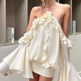 Bulgaris - Off-Shoulder Halter-Neck Ruffle Trim Mini Dress | YesStyle Bulgaris - Off-Shoulder Halter-Neck Ruffle Trim Mini Dress | YesStyle