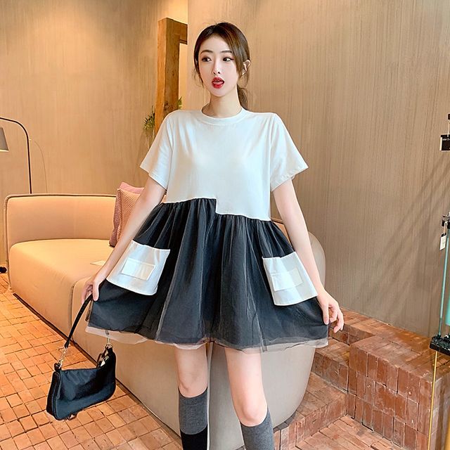 Everose-Short-Sleeve Two-Tone Mini A-Line Dress