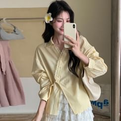 Long-Sleeve V-Neck Collared Lace Trim Buttoned Side-Tie Puff Sleeve Blouse