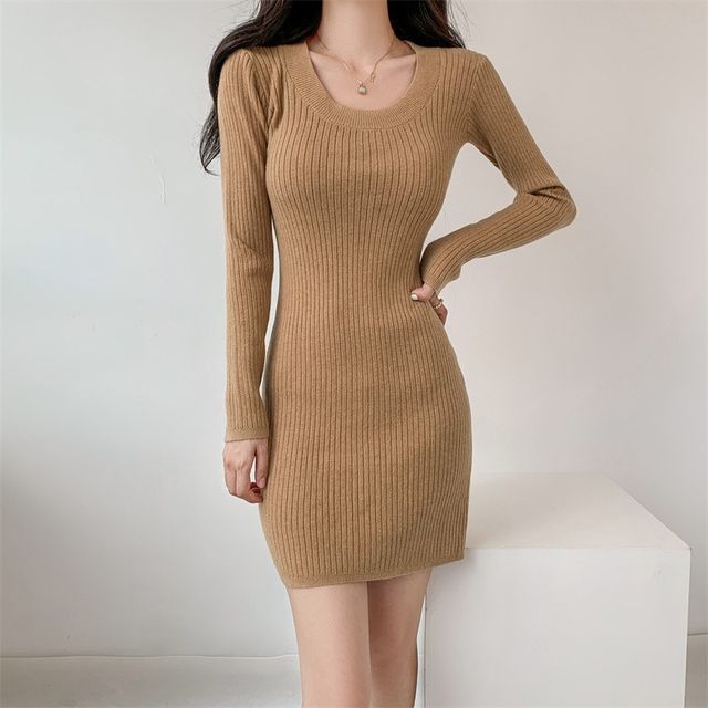 Aurora - Long-Sleeve Scoop Neck Plain Ribbed Knit Mini Sheath Dress |  YesStyle