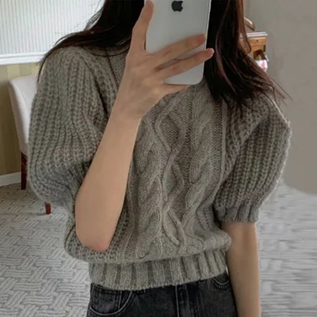 Sienne-Puff-Sleeve Crew Neck Plain Cable Knit Crop Top