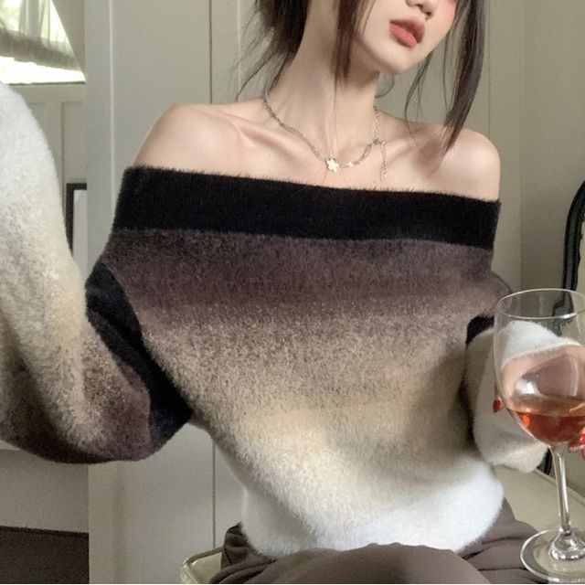 Magma-Off-Shoulder Striped Knit Top